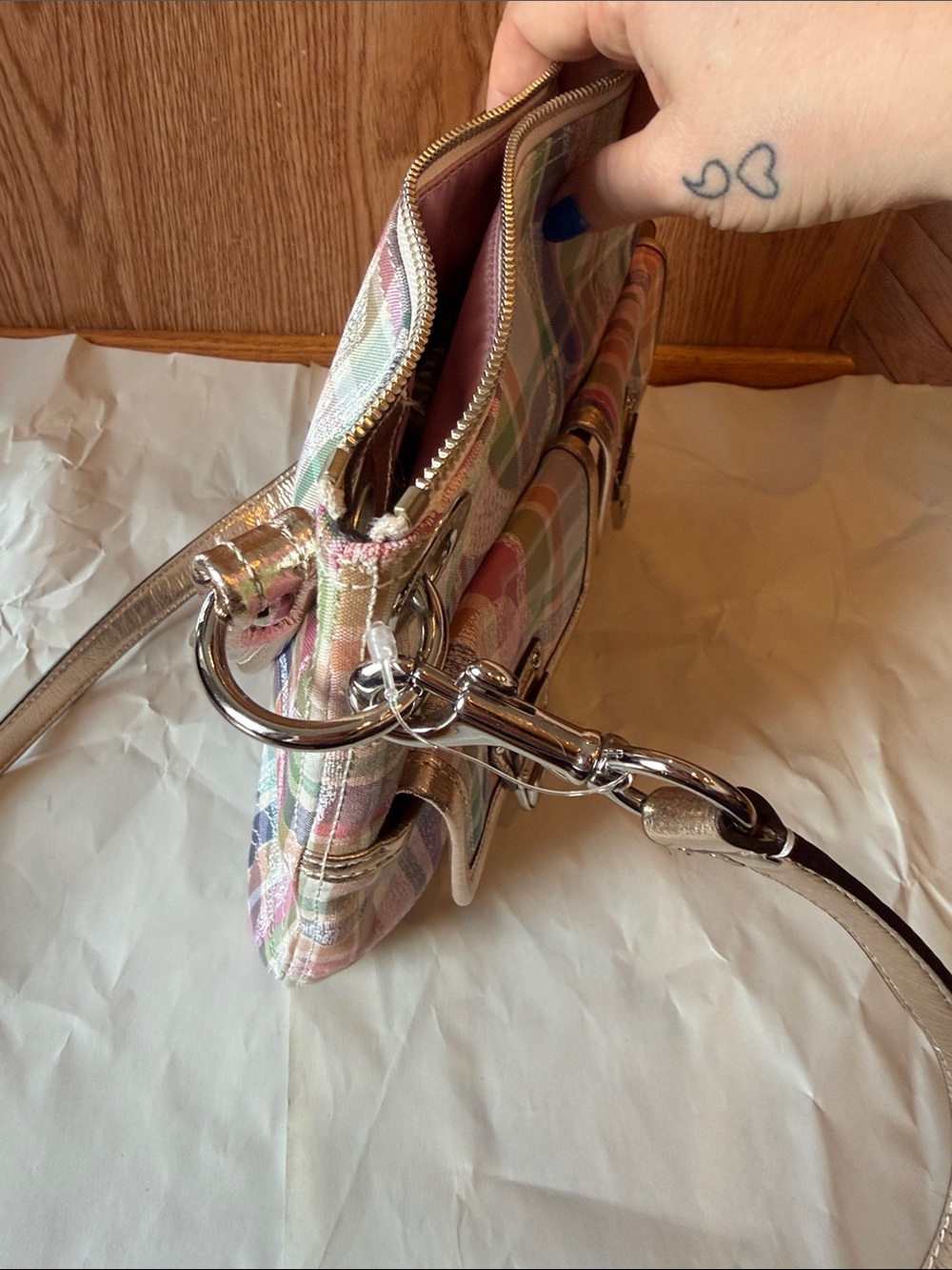 3 piece Coach Metallic Trim Plaid Crossbody Set in Pastel Multicolor - Picture 7 of 14
